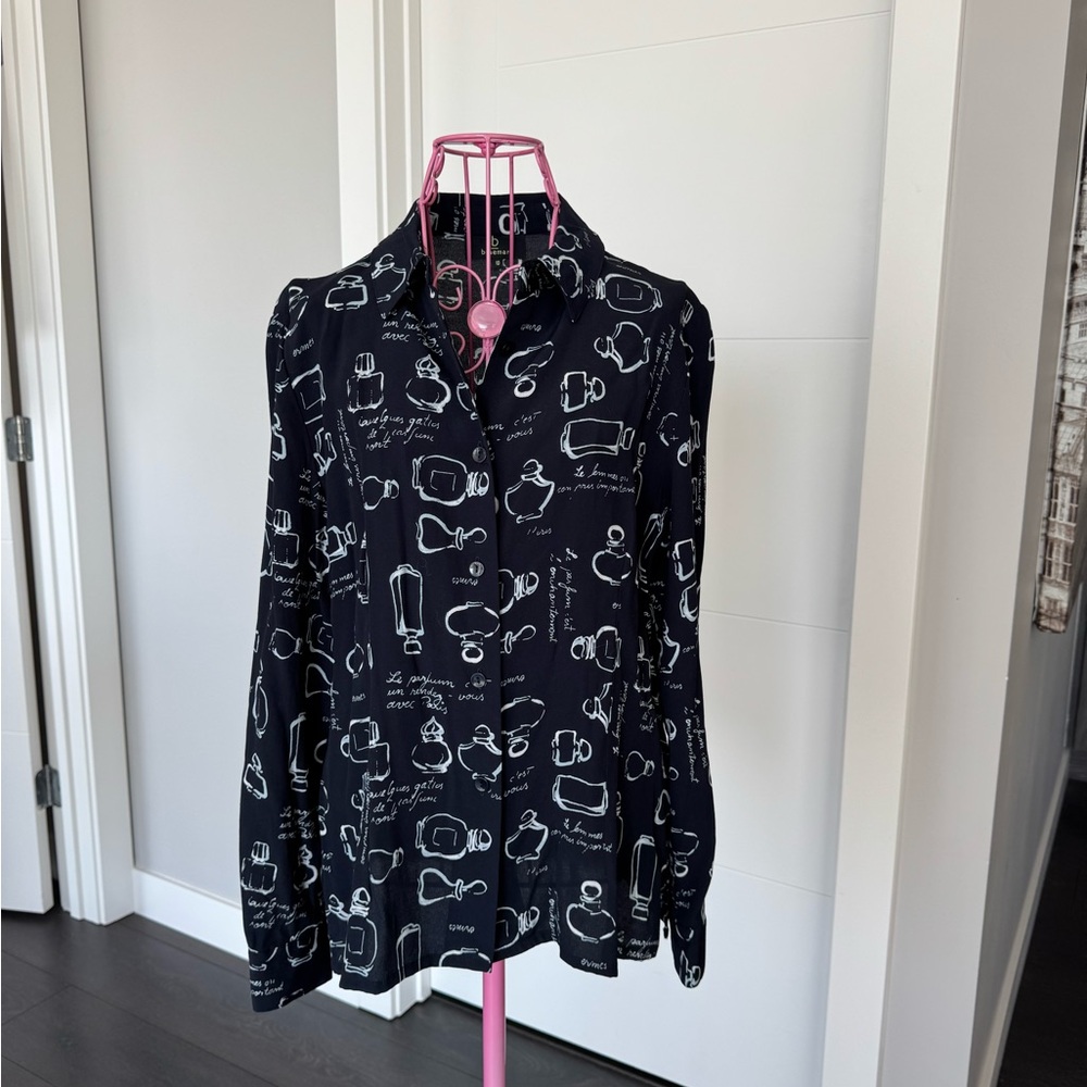 Navy Shirt with White Perfume Bottle Print